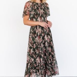 Baltic Born Mara Embroidered Tulle Dress | Dark Green + Blush Floral Size XLXL